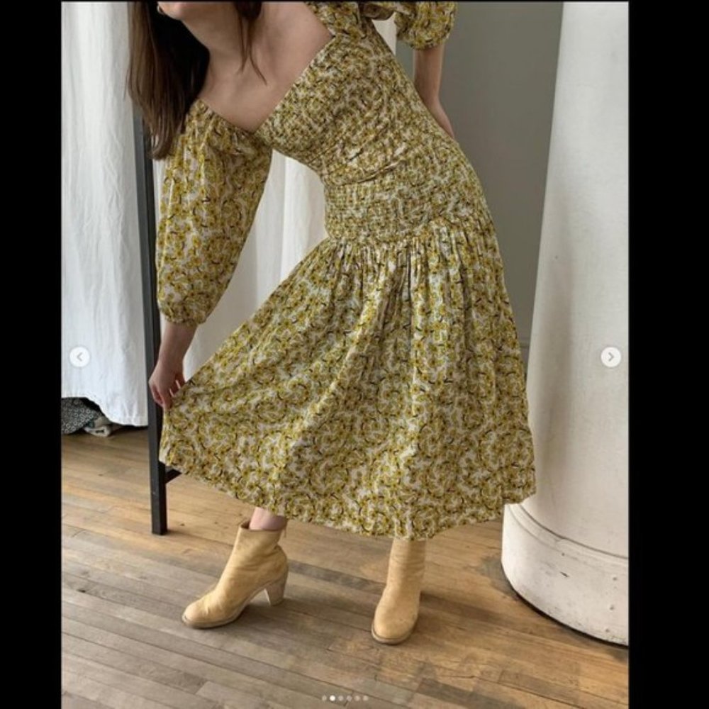 Rhode Resort Harper Shirred Floral Printed Midi Dress Smocked S